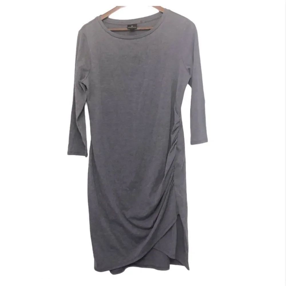 Worthington 3/4 sleeve faux wrap gray cotton crew cut t shirt dress L